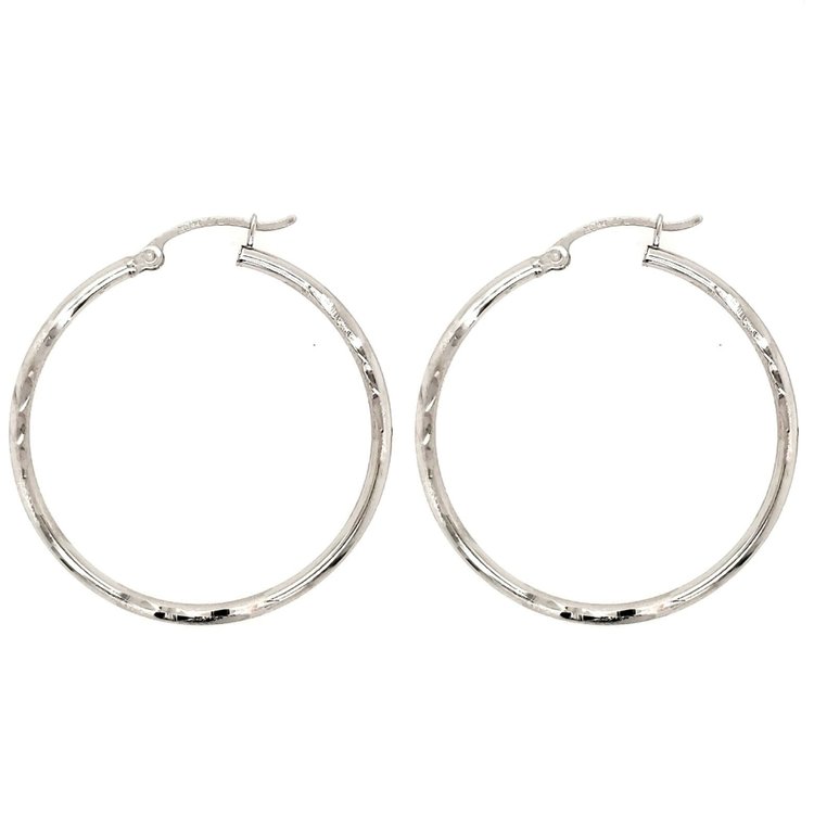 33013 14K  WHITE GOLD 1.40" 1.85MM  DIAMOND CUT AND SATIN FINISHED HOOPS