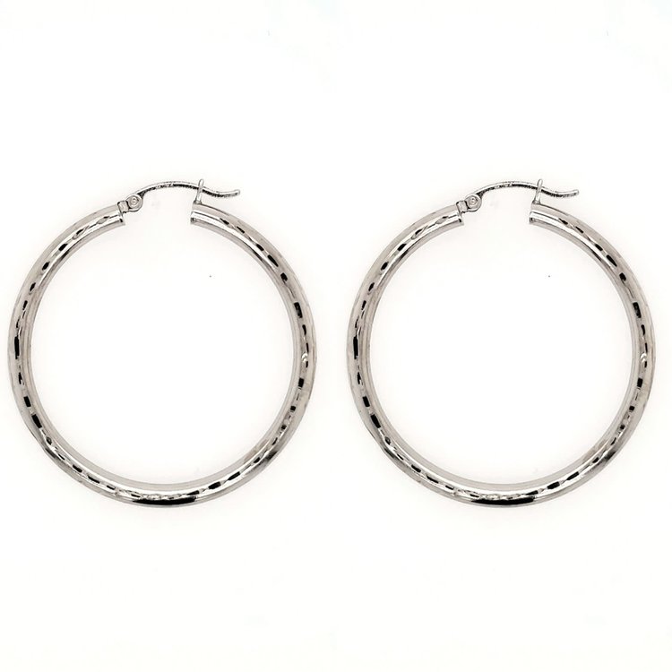 32003 14K WHITE GOLD 1.25" 3MM LIGHT DIAMOND CUT TUBE HOOPS