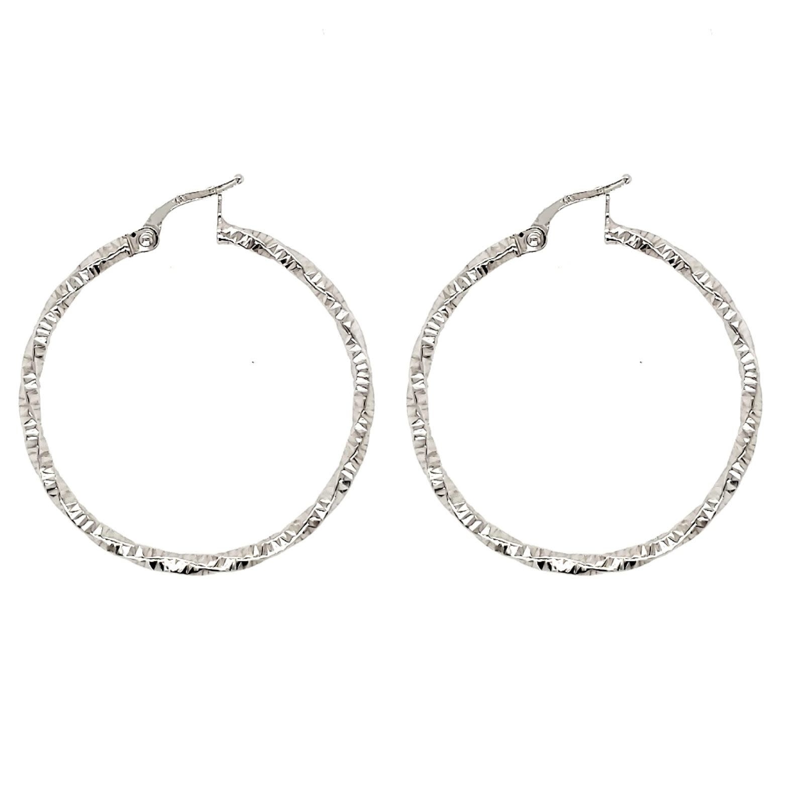 30010 14K 1.25'' WHITE GOLD DIAMOND CUT AND TWISTED TEXTURED HOOPS