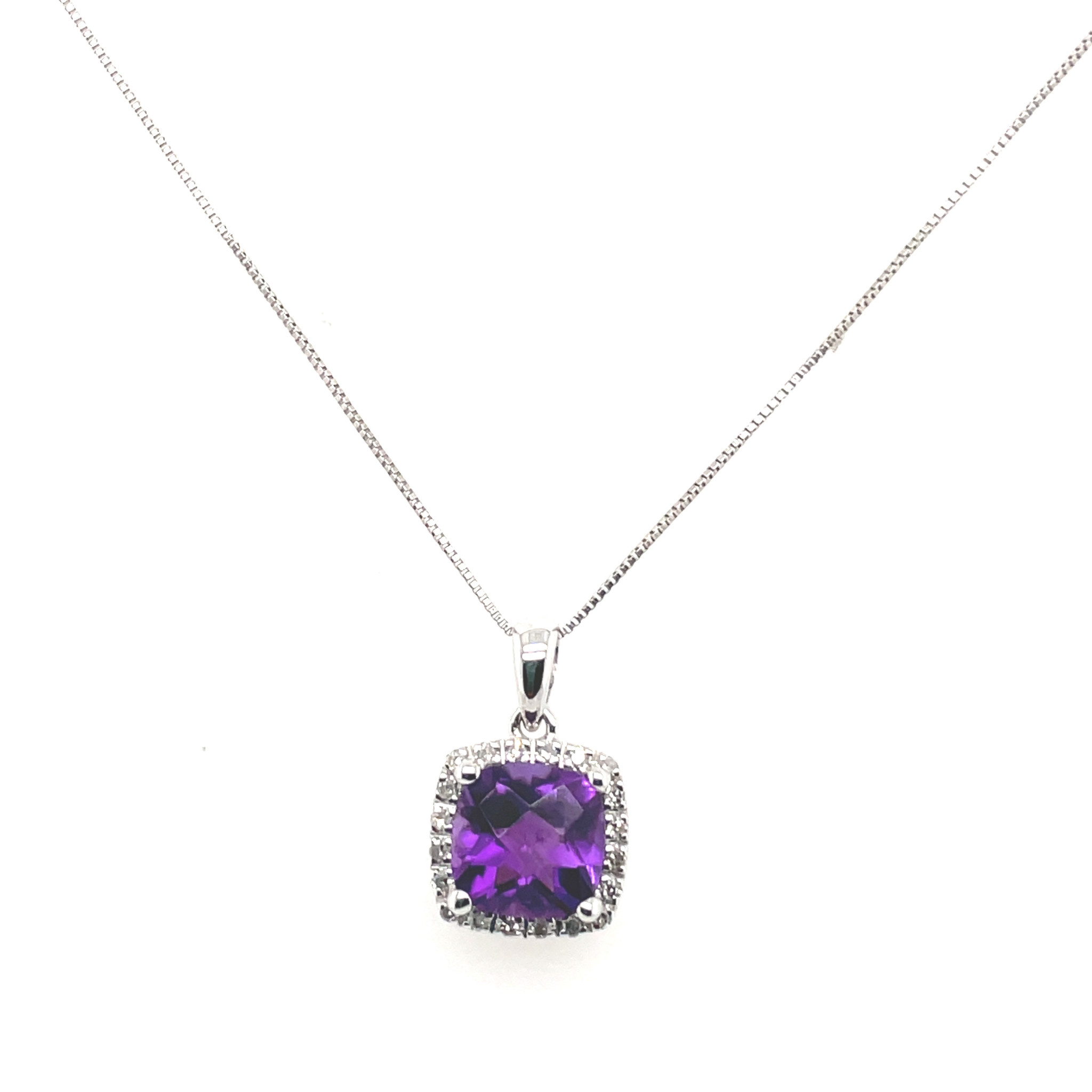 71270 14K WHITE GOLD .20TCW DIAMOND WITH AMETHYST CUSHION CUT HALO ON 18" BOX CHAIN PENDENT