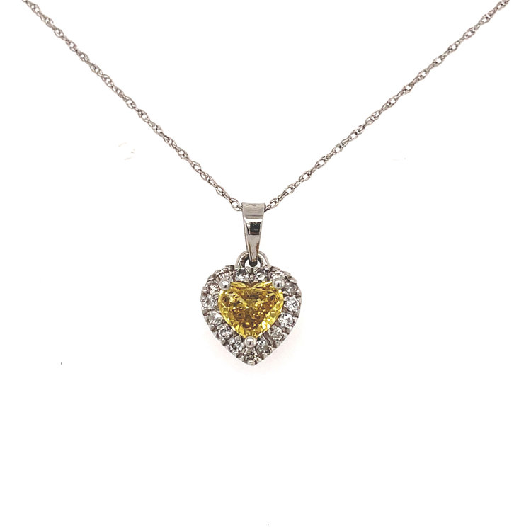 71153 14K WHITE GOLD .65CT CANARY DIAMOND WITH HALO HEART ON 18" SPIGA CHAIN PENDANT