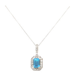 71130 14K WHITE GOLD .30TCW  DIAMONDS WITH BLUE TOPAZ EMERALD CUT HALO ON 18" CABLE CHAIN PENDENT