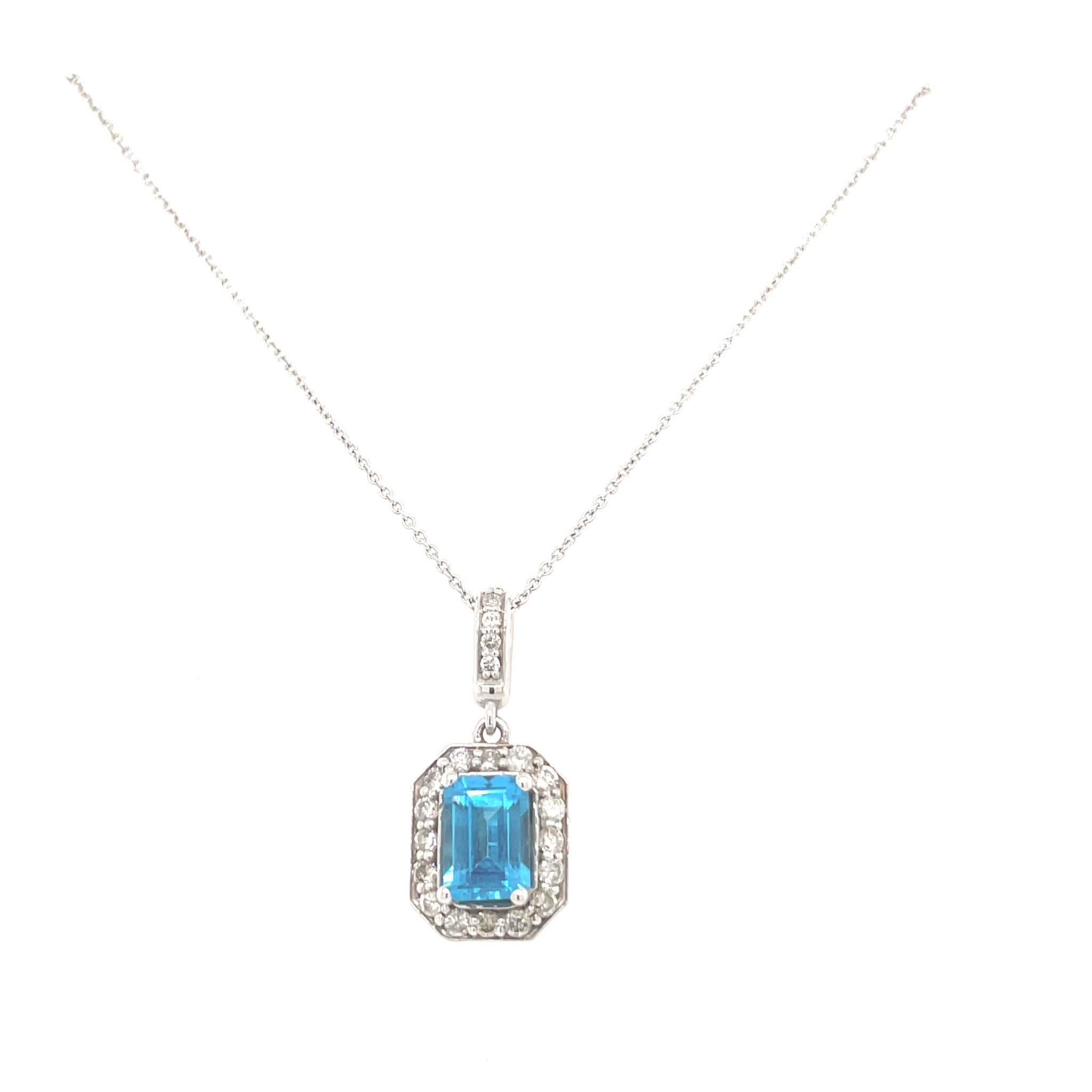 71130 14K WHITE GOLD .30TCW DIAMONDS WITH BLUE TOPAZ EMERALD CUT HALO ON 18" CABLE CHAIN PENDENT