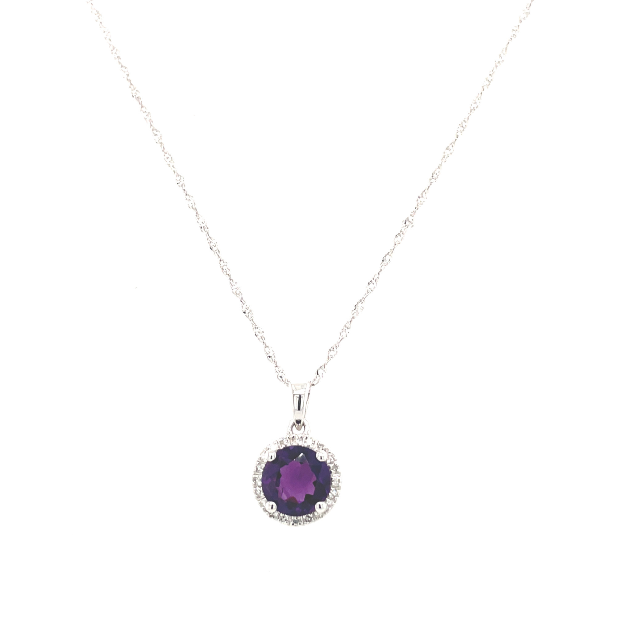 71271 14K WHITE GOLD .11TCW DIAMOND & AMETHYST CENTER HALO ON 18" SPIGA CHAIN PENDENT