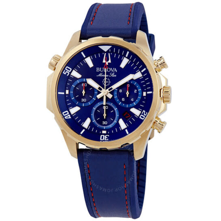 042429556928 BULOVA MARINE STAR CHRONOGRAPH BLUE RUBBER BAND MENS WATCH
