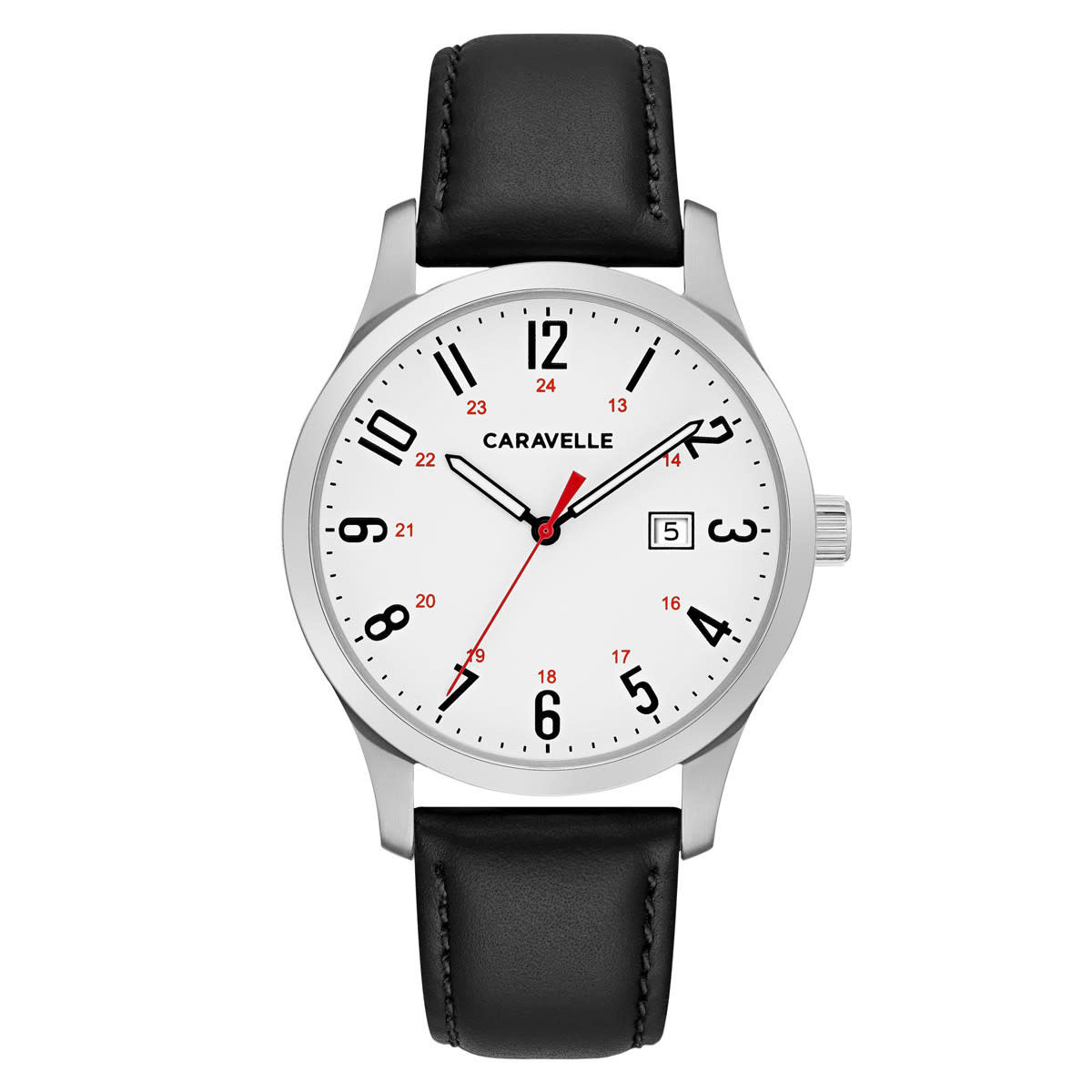 042429552883 CARAVELLE MENS BLACK LEATHER BAND WITH WHITE SIMPLE DIAL AND DATE WATCH