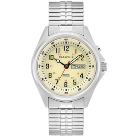 042429585089 CARAVELLE MENS SILVER EXPANSION BAND WITH DATE AND LIGHT UP DIAL