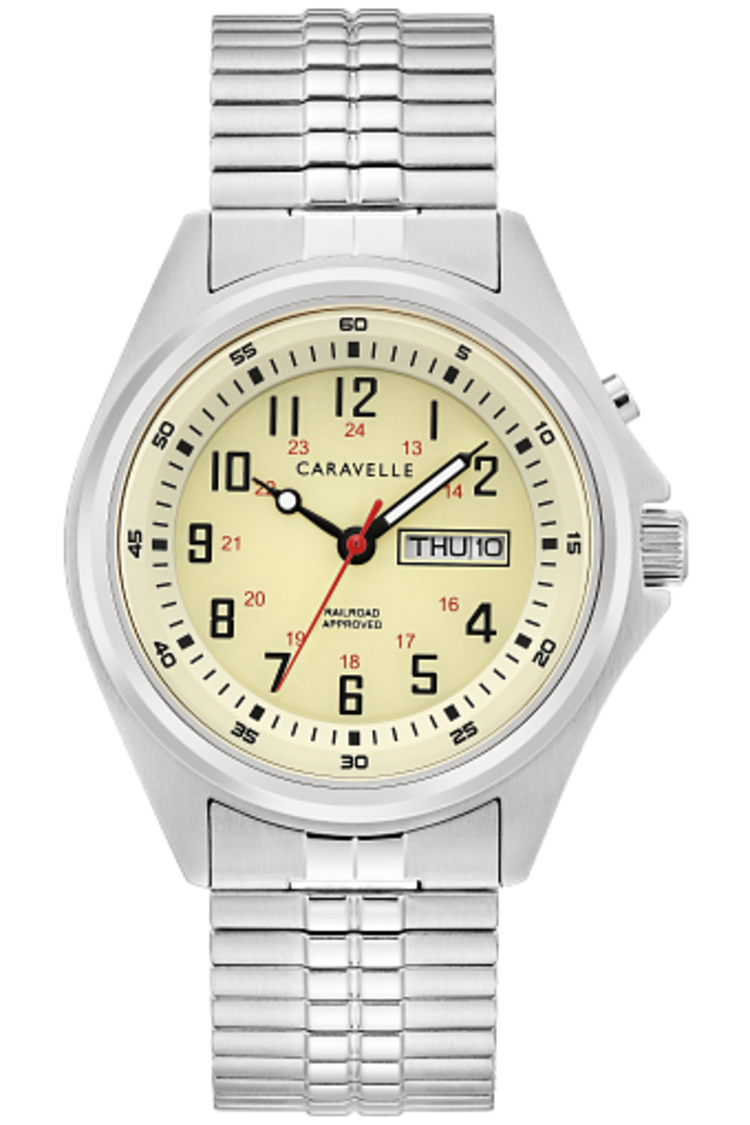 042429585089 CARAVELLE MENS SILVER EXPANSION BAND WITH DATE AND LIGHT UP DIAL