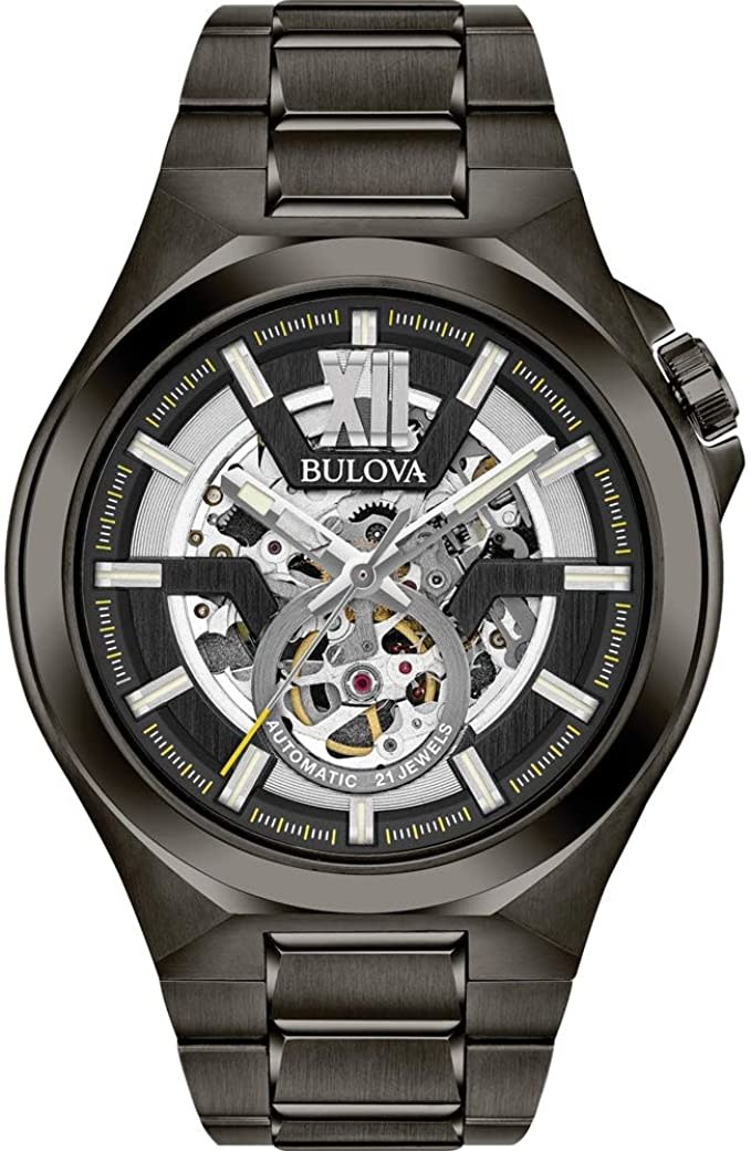 042429548015 BULOVA MENS BLACK AND GRAY SKELETON FACE AUTOMATIC WATCH