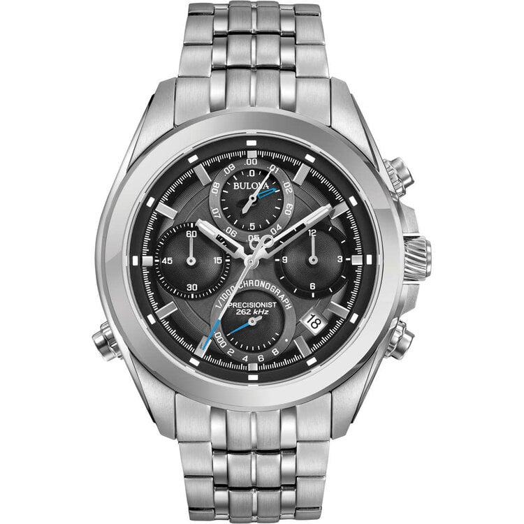 042429542037  BULOVA PRECISIONIST STAINLESS STEEL  GREY FACE  BLUE ACCENT CHRONOGRAPH  MEN'S WATCH