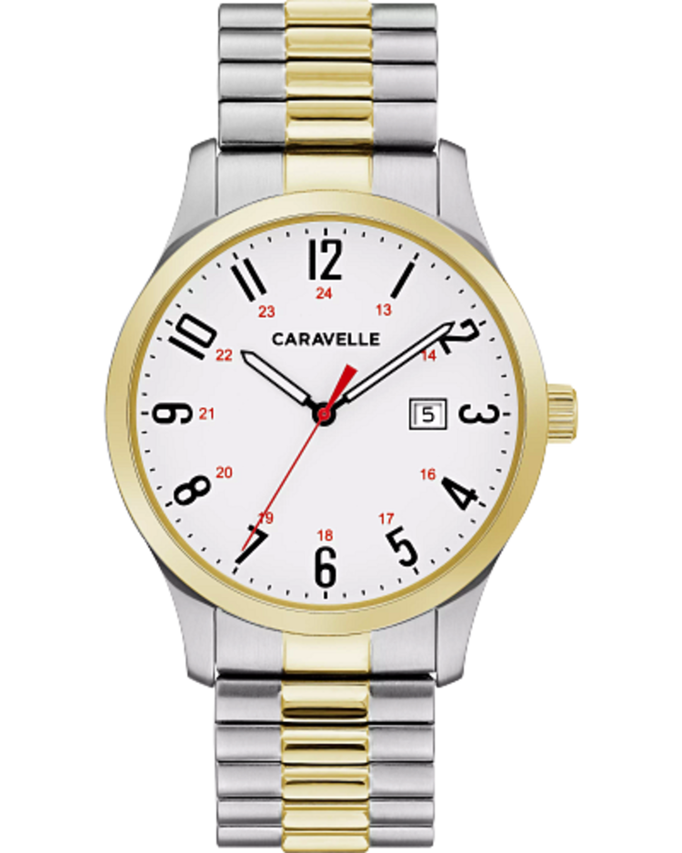042429552890 CARAVELLE MENS 2T EXPANSION BAND & WHITE SIMPLE DIAL & DATE WATCH