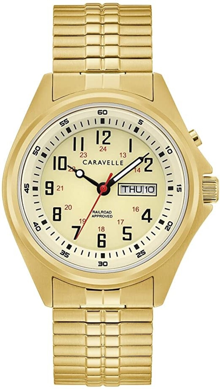 042429585096 CARAVELLE MEN GOLD TONE LIGHT UP DIAL & EXPANSION BAND WATCH