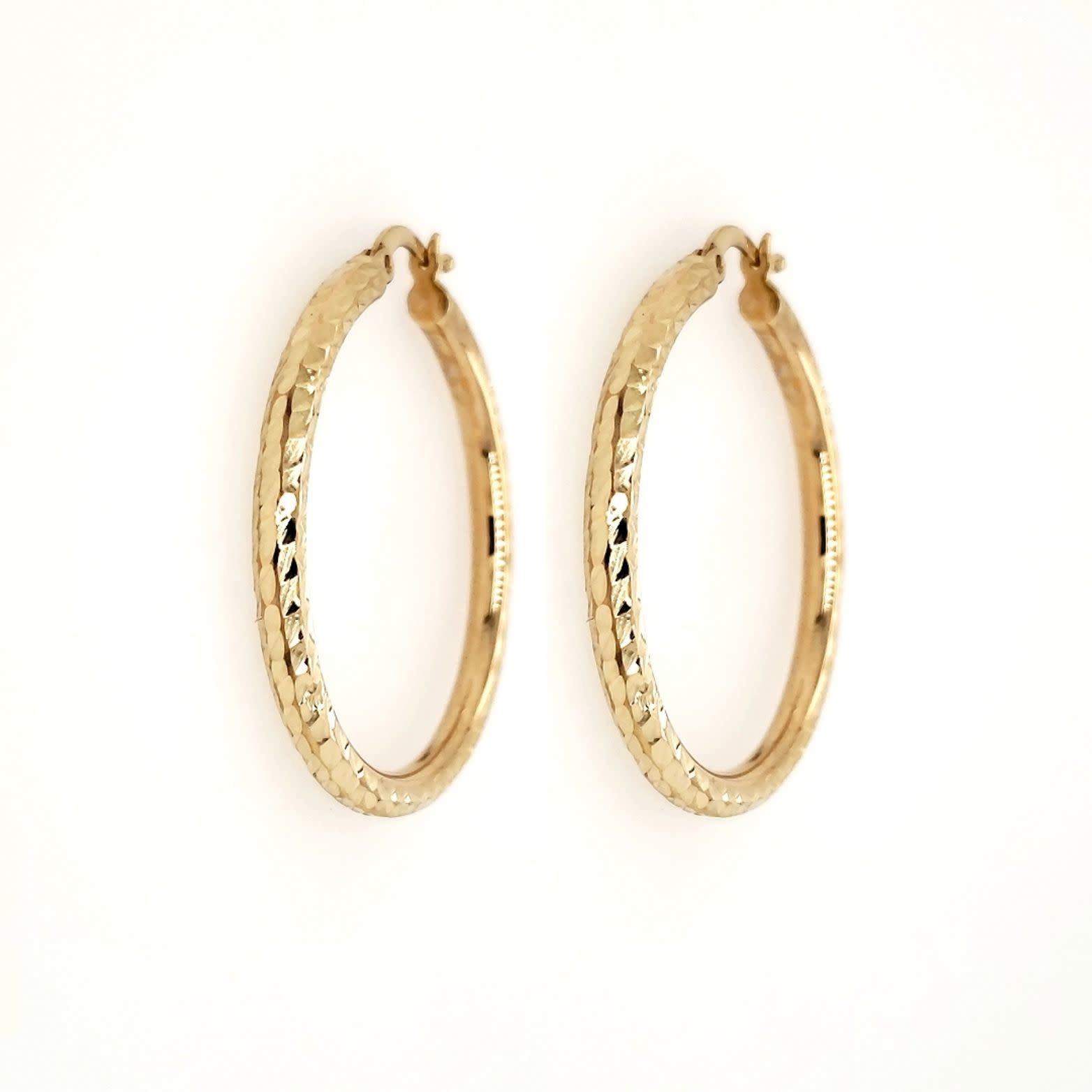30209 14K YELLOW GOLD 1.5" POPCORN DIAMOND CUT HOOPS