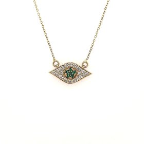 71312 14K YELLOW GOLD  .28TCW DIAMOND AND EMERALD CENTER EVIL EYE ON 18" CABLE CHAIN NECKPIECE
