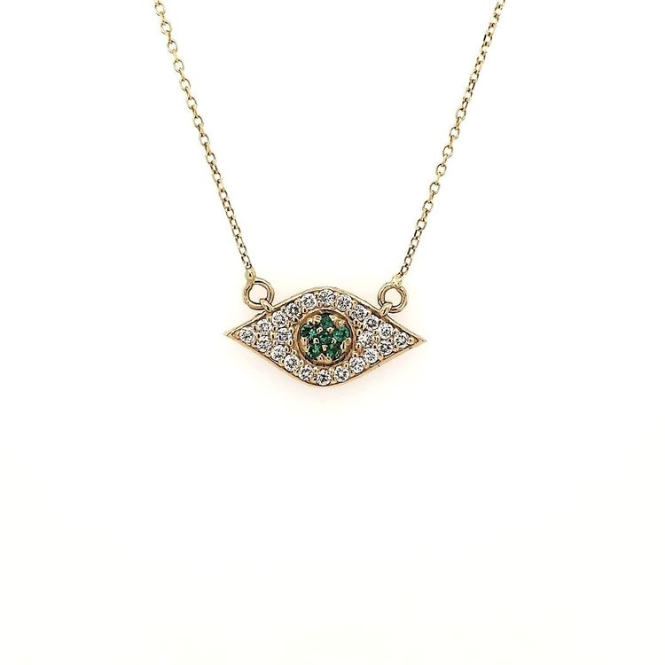 71312 14K YELLOW GOLD  .28TCW DIAMOND AND EMERALD CENTER EVIL EYE ON 18" CABLE CHAIN NECKPIECE