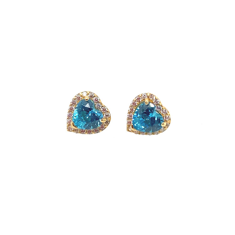 32375 14K YELLOW GOLD 8MM  BLUE CUBIC ZIRCONIA HEART HALO SCREWBACKS