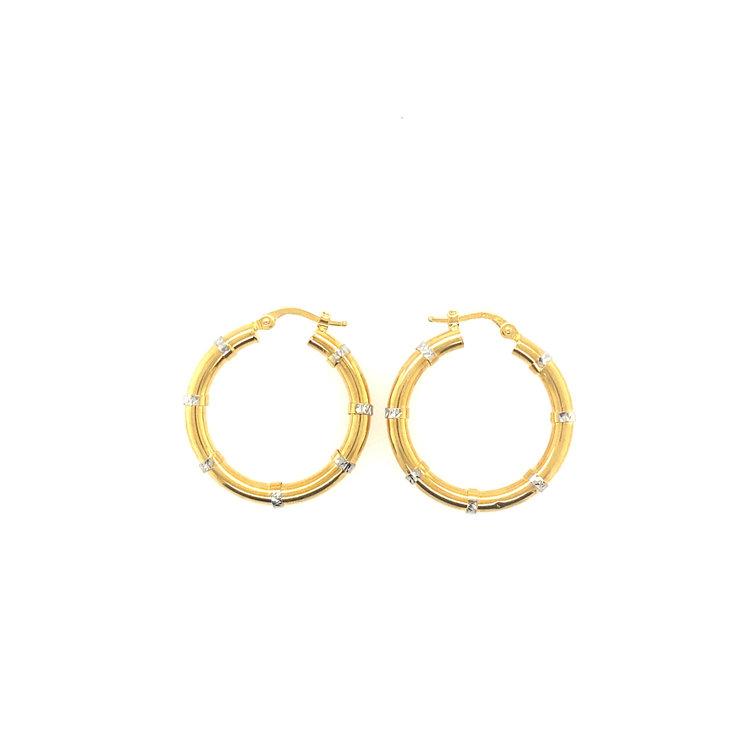 32443 14K TWO TONED 1" HIGH POLISHED  DIAMOND CUT WRAPPED HOOPS
