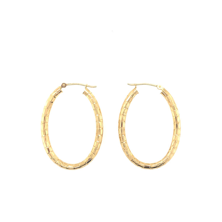 32452 14K YELLOW GOLD 1"WIDE - 1.5" LONG 3.4MM THICK  OBLONG DIAMOND CUT HOOPS