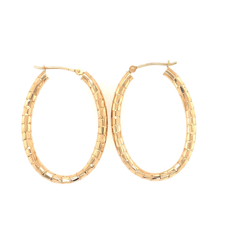 32452 14K YELLOW GOLD 1"WIDE - 1.5" LONG 3.4MM THICK  OBLONG DIAMOND CUT HOOPS