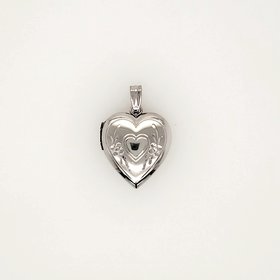 78038 14K WHITE GOLD HEART LOCKET WITH FLOWER DIAMOND CUT DESIGN