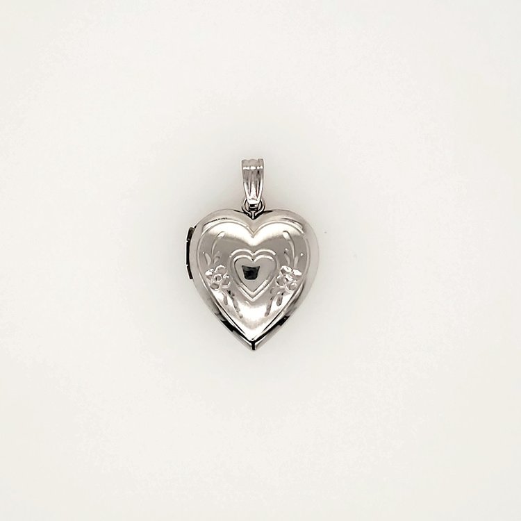 78038 14K WHITE GOLD HEART LOCKET WITH FLOWER DIAMOND CUT DESIGN