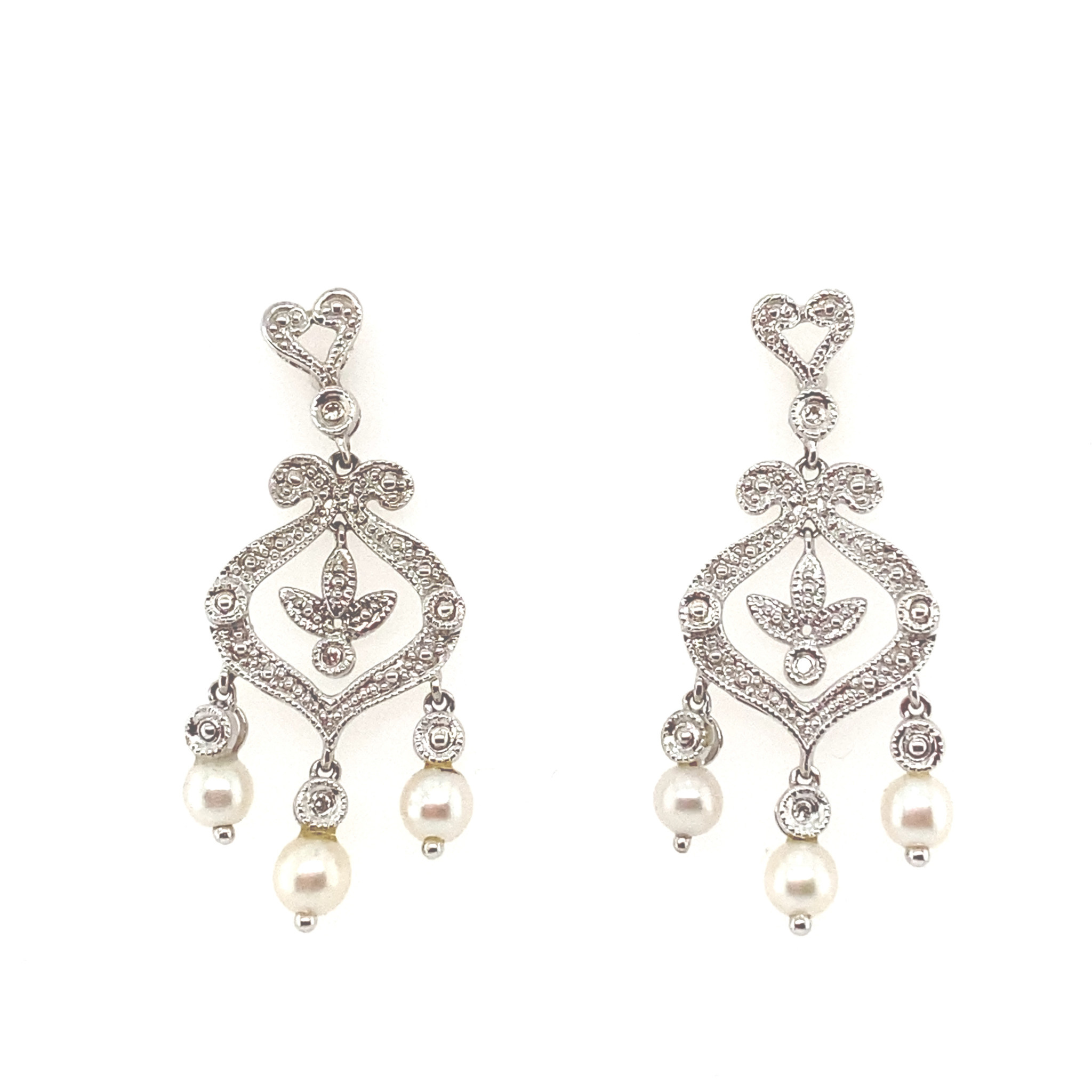32864 14K WHITE GOLD DIAMOND WITH PEARL CHANDELIER EARRINGS