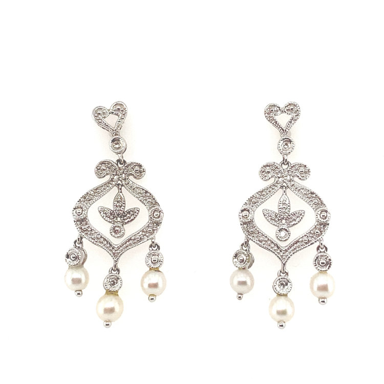 32864 14K WHITE GOLD DIAMOND WITH PEARL CHANDELIER  EARRINGS