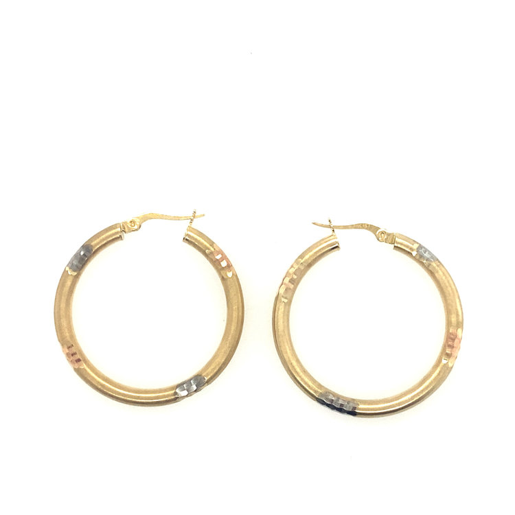 32866 14K TRI-COLOR  1.5" 3MM SATIN FINISH DIAMOND CUT MEDIUM HOOPS