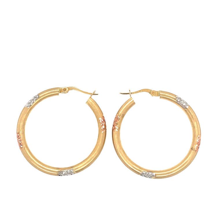 32866 14K TRI-COLOR  1.5" 3MM SATIN FINISH DIAMOND CUT MEDIUM HOOPS