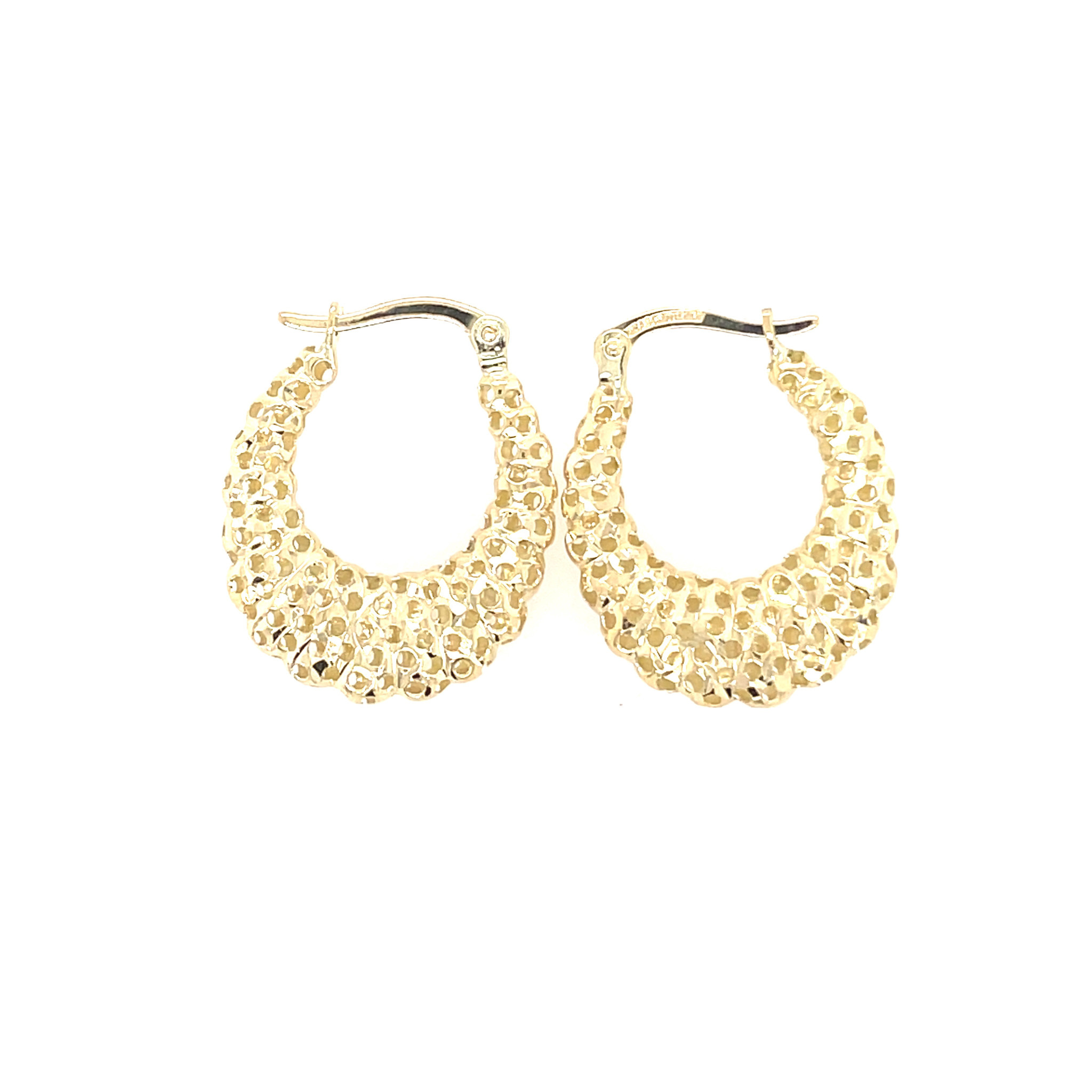 30039 14K YELLOW GOLD DIAMOND CUT MESH DESIGN HOOPS