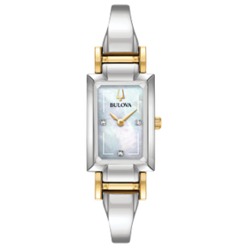 042429567689 BULOVA LADIES TWO-TONE RECTANGLE THREE DIAMONDS ON FACE WATCH
