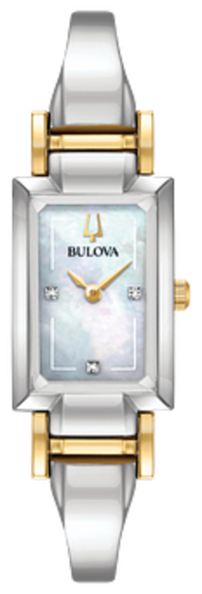 042429567689 BULOVA LADIES TWO-TONE RECTANGLE THREE DIAMONDS ON FACE WATCH
