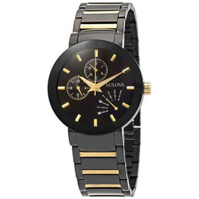 042429542235 BULOVA MENS BLACK AND GOLD ENAMEL STAINLESS STEEL BAND WATCH