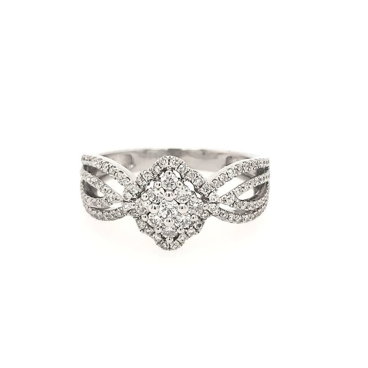 40027 14K WHITE GOLD 1.2CT DIAMOND  SQUARE HALO DESIGN RING WITH A STRAND SHANK
