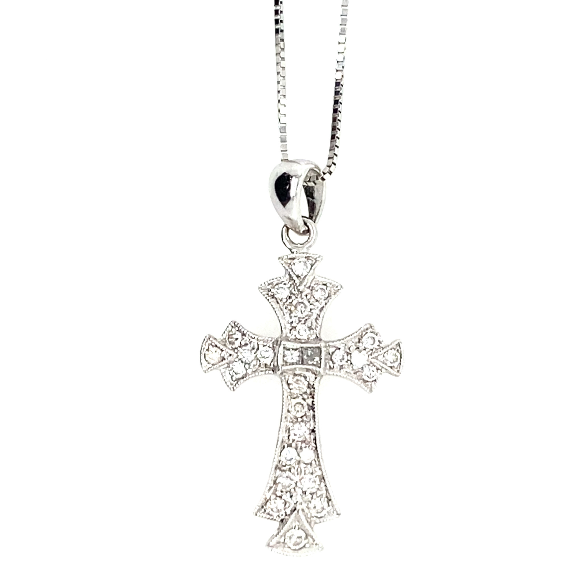 70960 14K WHITE GOLD .25TCW DIAMOND FLARED ANTIQUE DESIGN CROSS SET