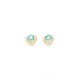 32941 14K YELLOW GOLD BLUE CUBIC ZIRCONIA FLOWER & OPEN HEART SCREWBACKS