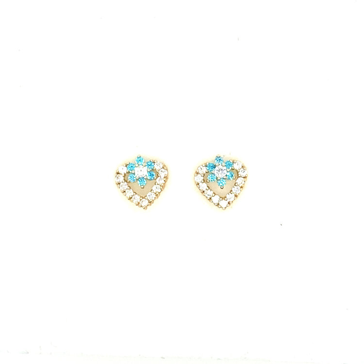32941 14K YELLOW GOLD BLUE CUBIC ZIRCONIA FLOWER & OPEN HEART SCREWBACKS