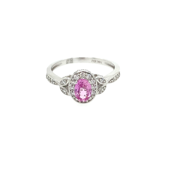 14K WHITE GOLD .38CT DIAM PINK TOURMALINE HALO RING