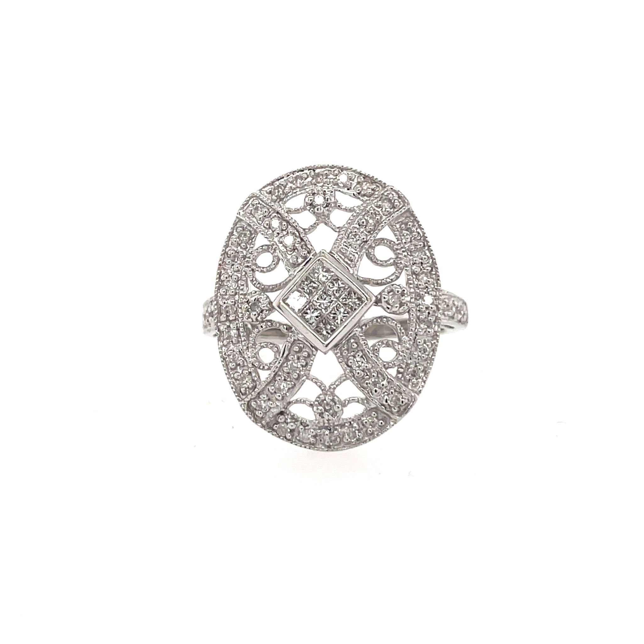 40603 14K WHITE GOLD .60CT OVAL VINTAGE DIAMOND RING