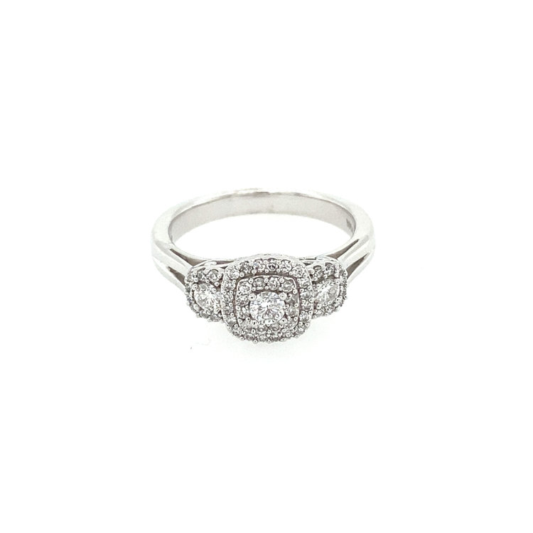 40815 10K WHITE GOLD .50CT DIAMOND PAST PRESENT FUTURE HALO RING