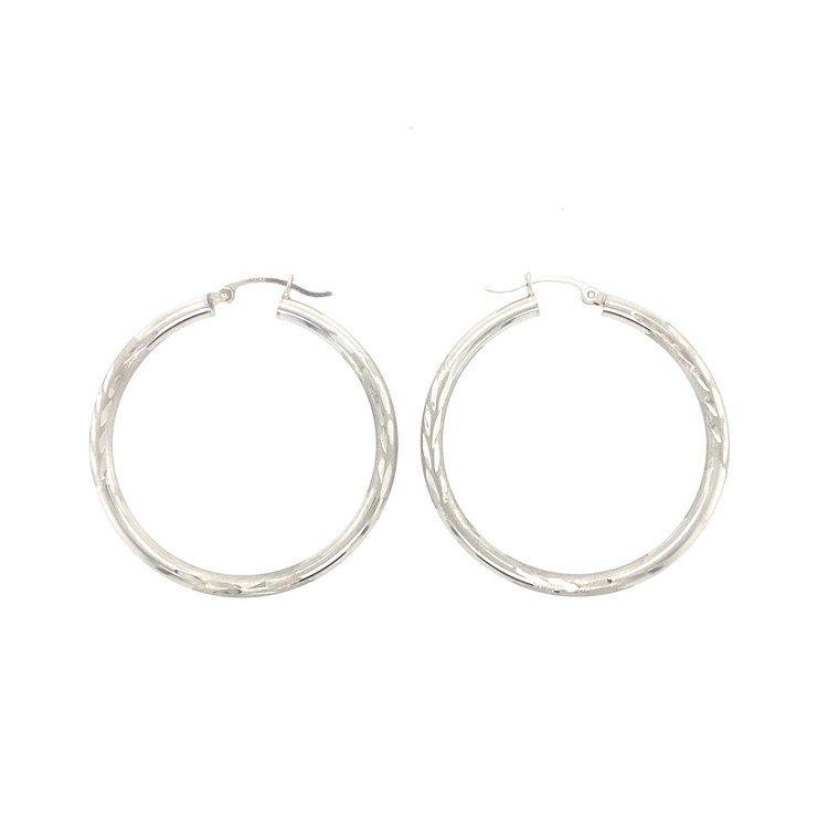 33015 14K  WHITE GOLD 1.80" 3MM  DIAMOND CUT/SATIN FINISH HIGH POLISH HOOPS