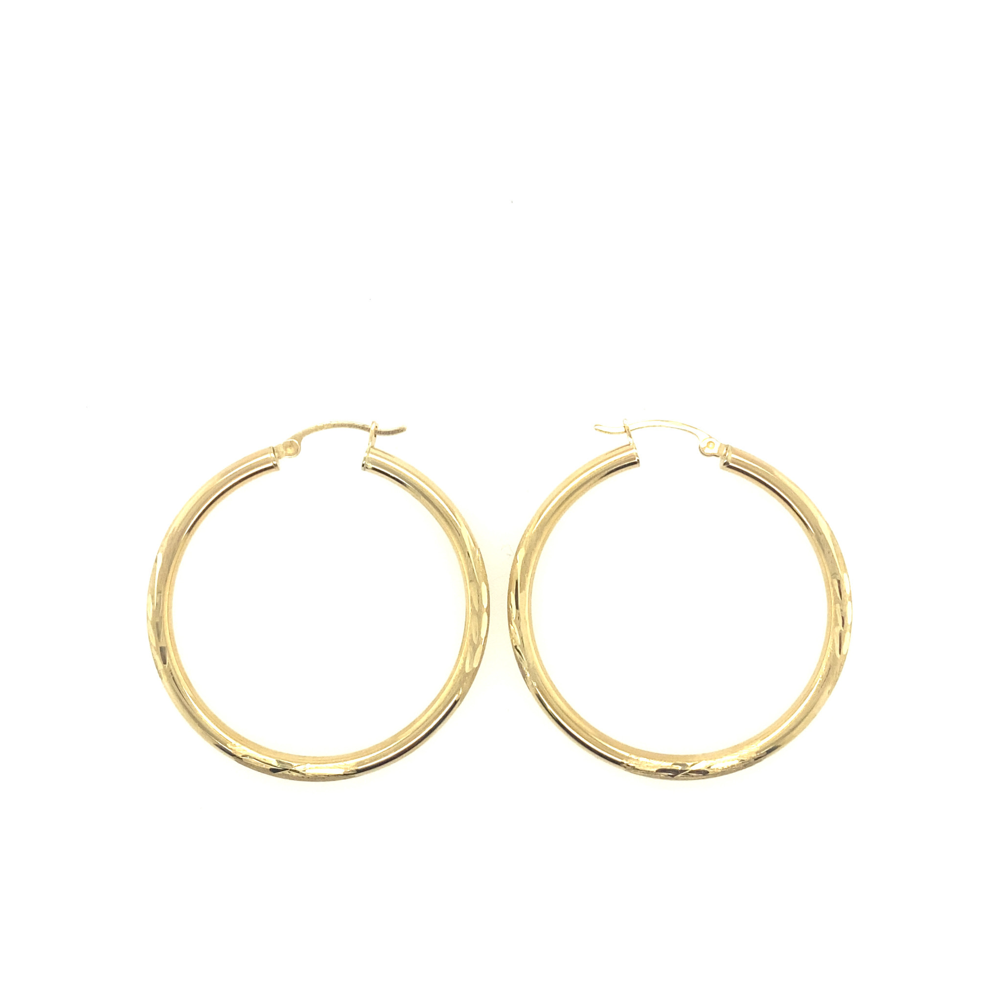 33016 14K YELLOW GOLD 1.5" HIGH POLISH WITH SATIN FINISH DESIGN HOOPS