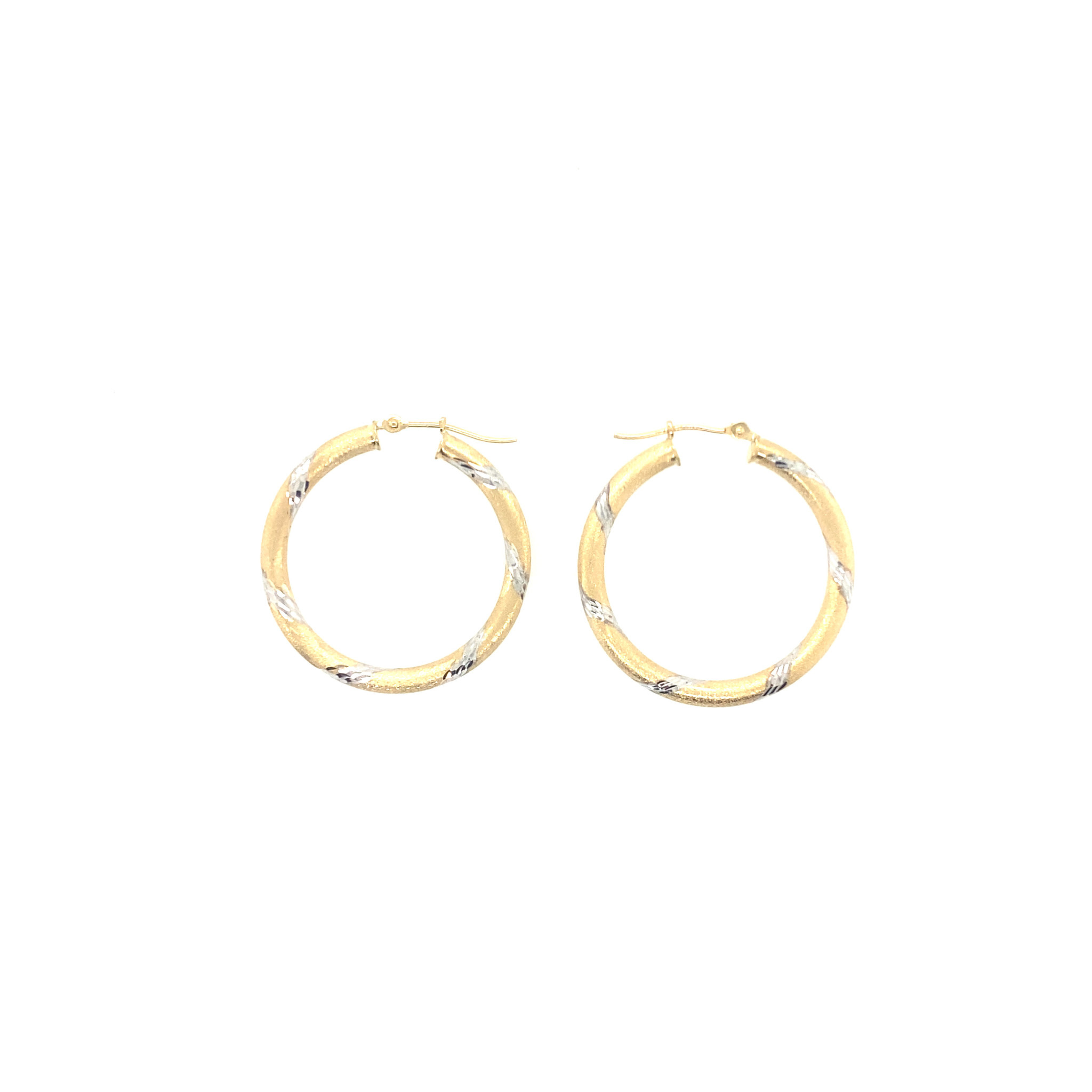 33023 14K YELLOW GOLD 1.25" SATIN FINISH WITH WHITE GOLD DIAMOND CUT MEDIUM HOOPS