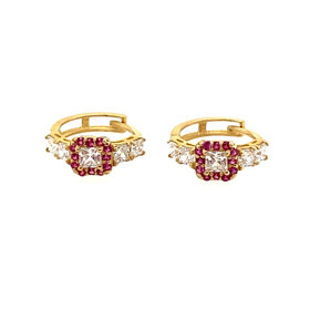 32241 14K YELLOW GOLD CUBIC ZIRCONIA RUBY HALO HUGGIES