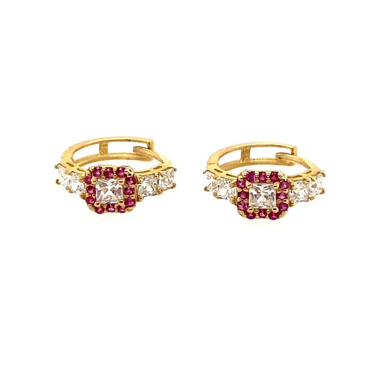 32241 14K YELLOW GOLD CUBIC ZIRCONIA RUBY HALO HUGGIES