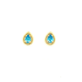 38113 14K YELLOW GOLD PEAR SHAPE BLUE TOPAZ  CUBIC ZIRCONIA MILGRAIN HALO STUDS