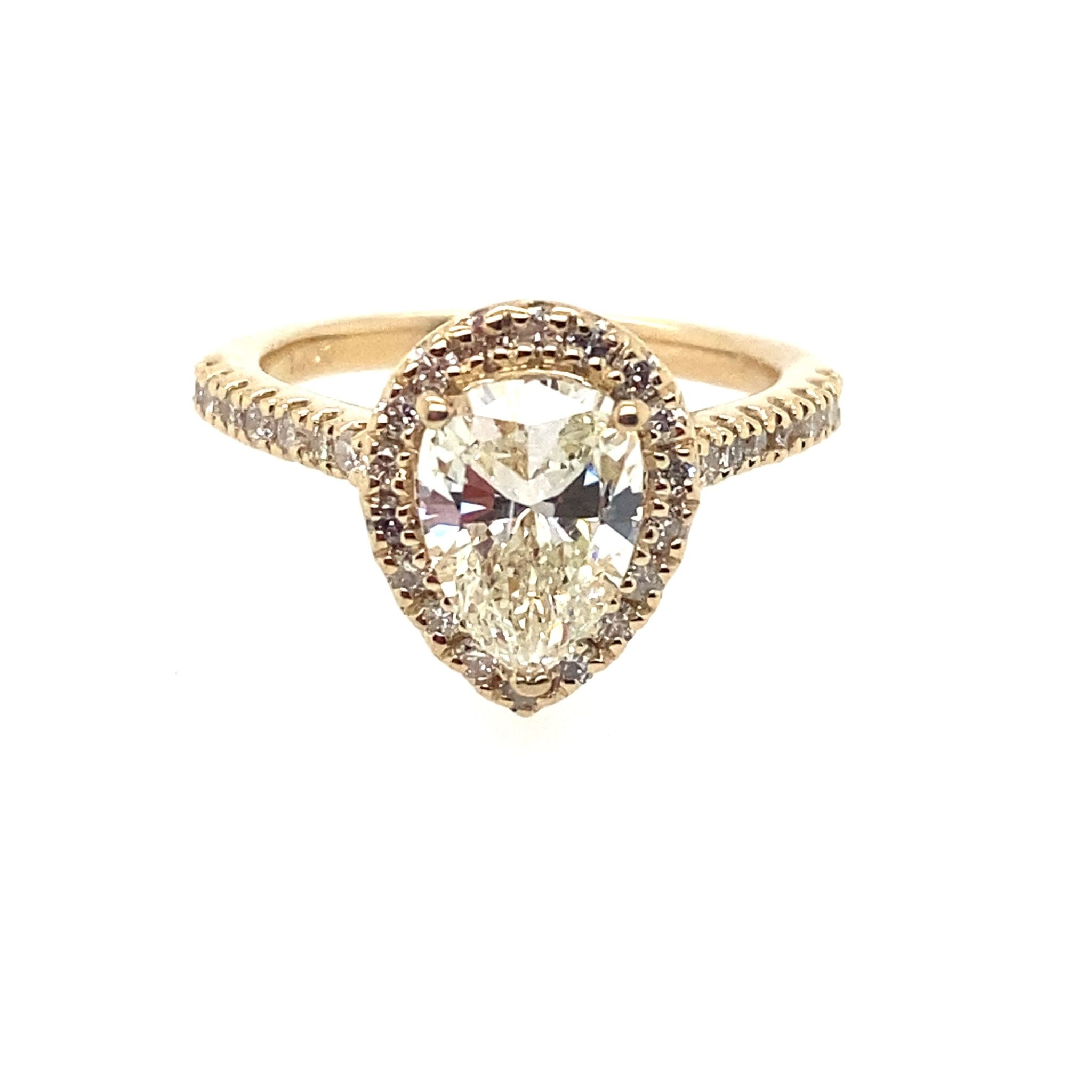 475024 14K YELLOW GOLD 1.42 CT K SI1 PEAR SHAPE CENTER DIAMOND .72TCW HALO AND SHANK ENGAGEMENT RING