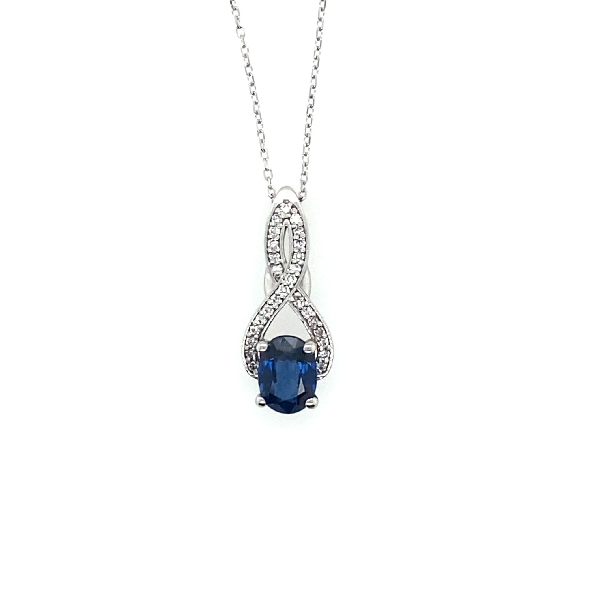 70059 14K WHITE GOLD .14CT DIAMOND INFINITY 1.08CT OVAL SHAPE SAPPHIRE PENDANT