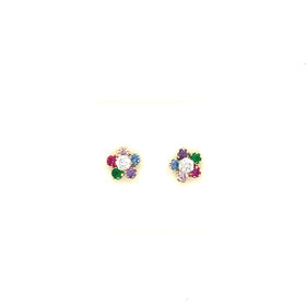 38122 14K YELLOW GOLD  SMALL CUBIC ZIRCONIA MULTI COLOR FLOWER STUDS