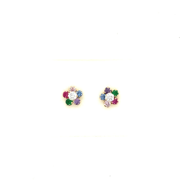 38122 14K YELLOW GOLD  SMALL CUBIC ZIRCONIA MULTI COLOR FLOWER STUDS
